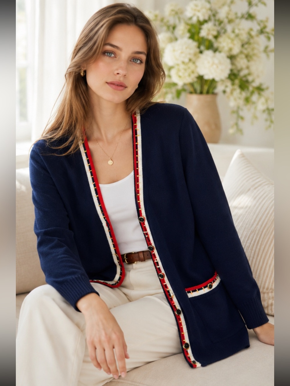 Vintage St. John Navy Santana Knit Longline Cardigan Nautical Trim Size L